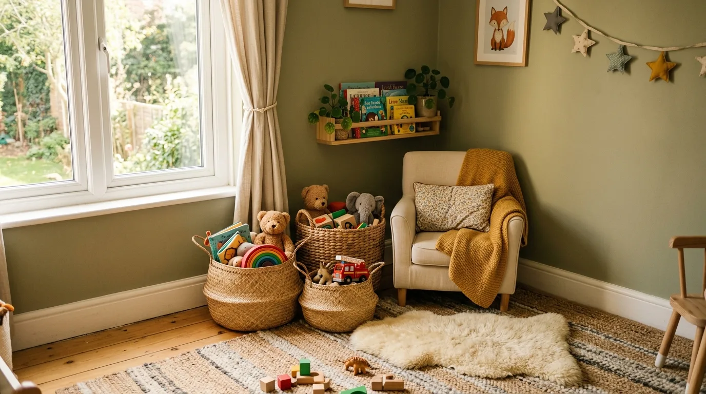 Toy baskets arranged in a cozy kids room corner